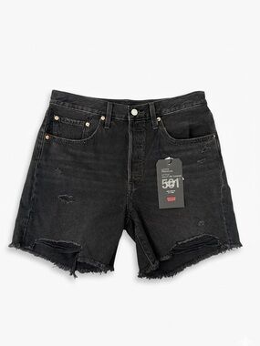 NWT Levi's Premium 501 Mid Thigh Black Distressed Denim Shorts Women’s Sz 30